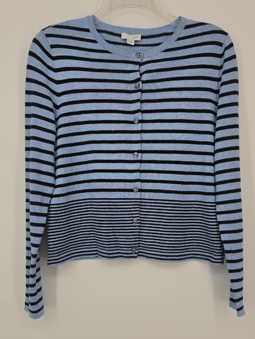 NWT J. Jill Blue Black Striped Cardigan Layering Sweater XS Coastal Soft Classic